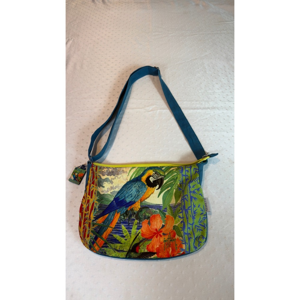 Guy Harvey Macaw Parrot Tropical Canvas Crossbody Bag Blue Hibiscus Floral